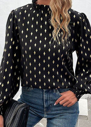 Geometric Print Frill Neck Lantern Sleeve Blouse - MimiStylez