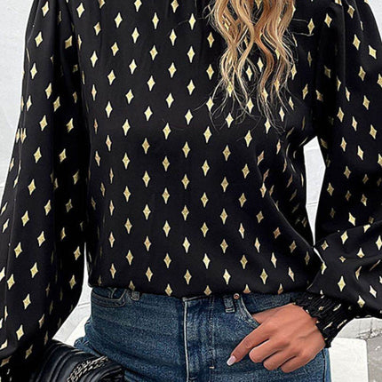 Geometric Print Frill Neck Lantern Sleeve Blouse - MimiStylez