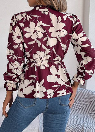 Printed Tie Neck Flounce Sleeve Blouse - MimiStylez