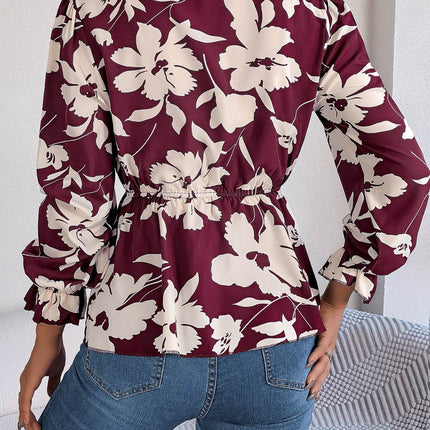 Printed Tie Neck Flounce Sleeve Blouse - MimiStylez