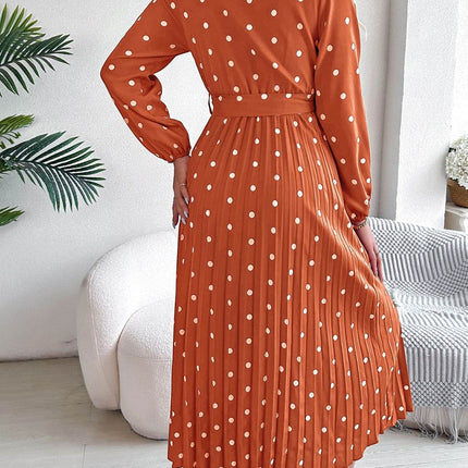 Tied Polka Dot Long Sleeve Midi Dress - MimiStylez