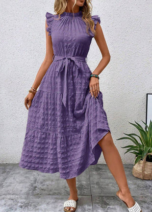 Tied Ruffled Cap Sleeve Midi Dress - MimiStylez
