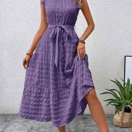 Tied Ruffled Cap Sleeve Midi Dress - MimiStylez