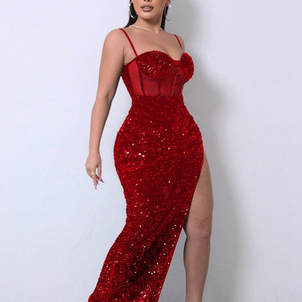 Sequin Spliced Mesh Adjustable Strap Dress - MimiStylez