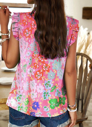 Ruffled Printed Mock Neck Cap Sleeve Blouse - MimiStylez