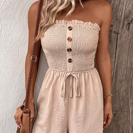 Decorative Button Smocked Strapless Romper - MimiStylez