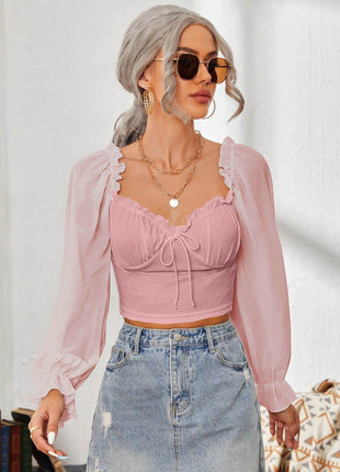 Mesh Sweetheart Neck Flounce Sleeve Top - MimiStylez