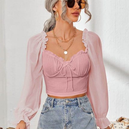 Mesh Sweetheart Neck Flounce Sleeve Top - MimiStylez