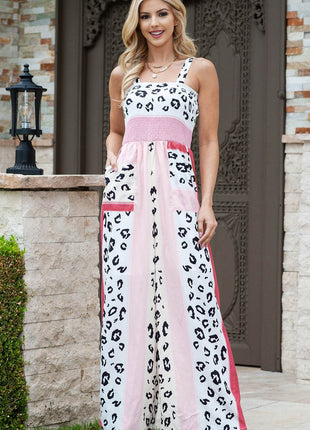 Leopard Color Block Smocked Jumpsuit - MimiStylez