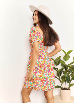 Smocked Sweetheart Neck Flounce Sleeve Mini Dress - MimiStylez