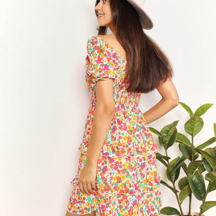 Smocked Sweetheart Neck Flounce Sleeve Mini Dress - MimiStylez