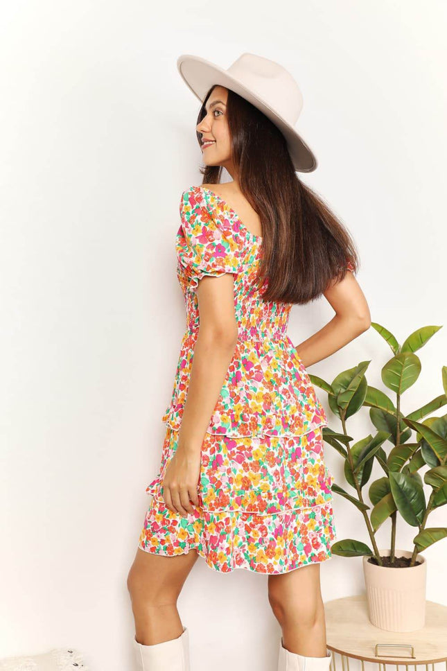 Smocked Sweetheart Neck Flounce Sleeve Mini Dress - MimiStylez