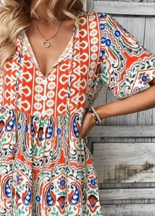 Printed Tie Neck Short Sleeve Dress - MimiStylez