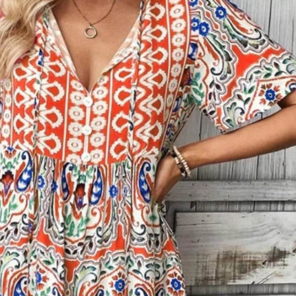 Printed Tie Neck Short Sleeve Dress - MimiStylez