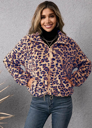 Drawstring Leopard Zip Up Jacket - MimiStylez
