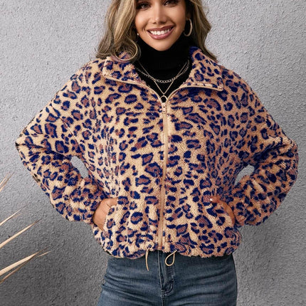 Drawstring Leopard Zip Up Jacket - MimiStylez