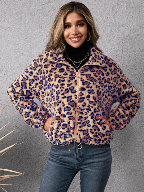 Drawstring Leopard Zip Up Jacket - MimiStylez