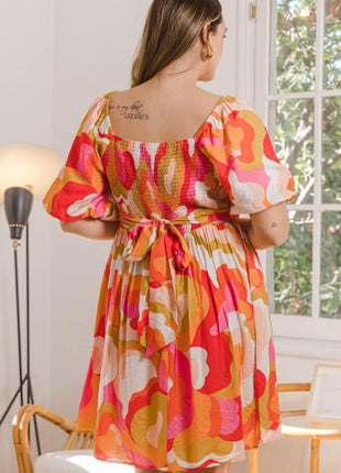 ODDI Full Size Printed Tied Back Short Sleeve Mini Dress - MimiStylez