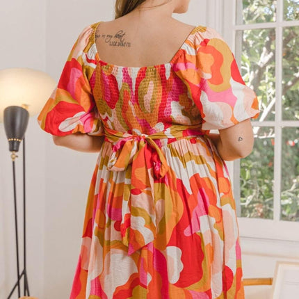 ODDI Full Size Printed Tied Back Short Sleeve Mini Dress - MimiStylez
