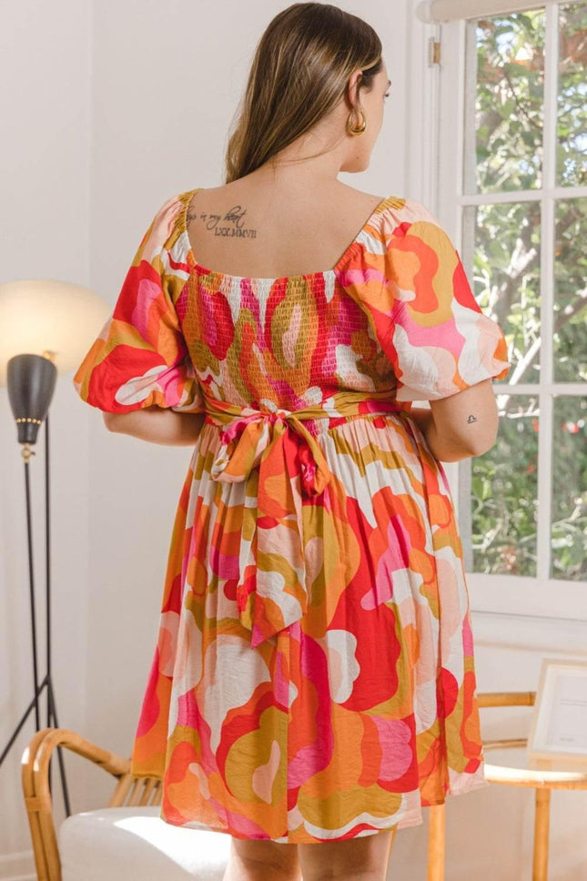 ODDI Full Size Printed Tied Back Short Sleeve Mini Dress - MimiStylez