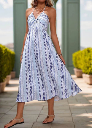 Perfee Tied Printed Halter Neck Midi Dress - MimiStylez