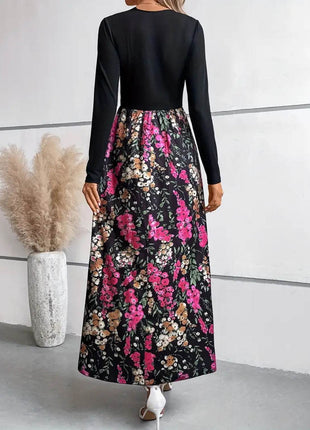 Floral Round Neck Long Sleeve Maxi Dress - MimiStylez