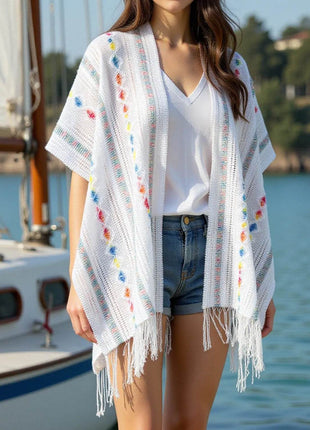 Openwork Fringe Open Front Knit Cape - MimiStylez