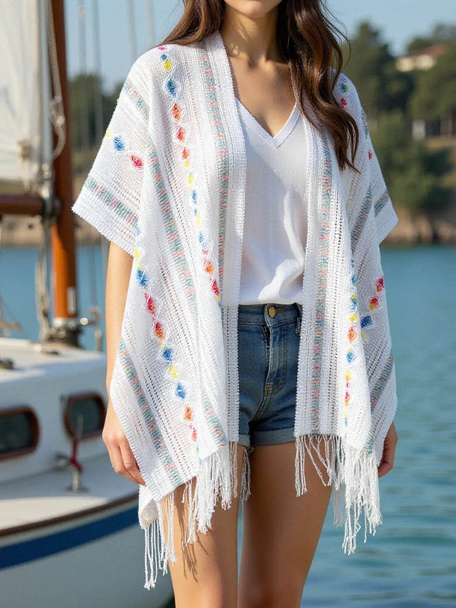 Openwork Fringe Open Front Knit Cape - MimiStylez