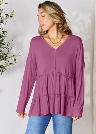 Double Take Half Button Long Sleeve Ruffle Hem Blouse - MimiStylez