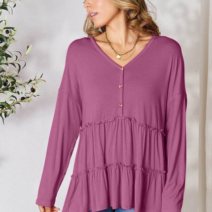 Double Take Half Button Long Sleeve Ruffle Hem Blouse - MimiStylez