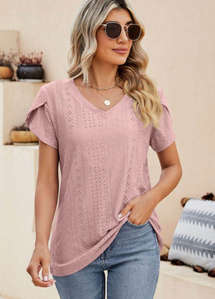 Eyelet Petal Sleeve V-Neck Knit Top - MimiStylez
