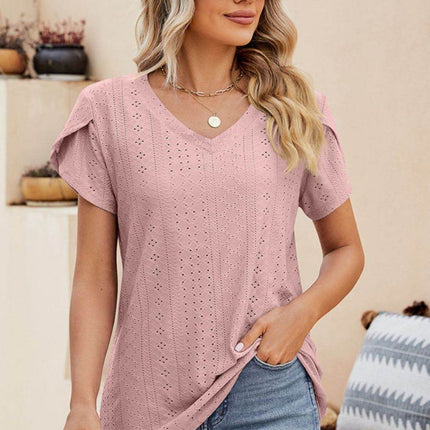Eyelet Petal Sleeve V-Neck Knit Top - MimiStylez