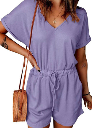 Full Size Drawstring V-Neck Short Sleeve Romper - MimiStylez