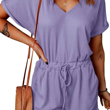 Full Size Drawstring V-Neck Short Sleeve Romper - MimiStylez