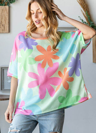 HOPELY Floral Round Neck Waffle T-Shirt - MimiStylez