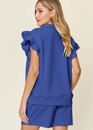 Double Take Full Size Texture Flounce Sleeve Top and Drawstring Shorts Set - MimiStylez