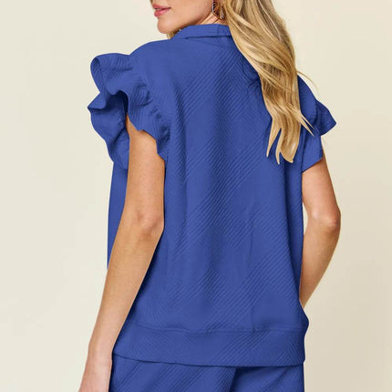 Double Take Full Size Texture Flounce Sleeve Top and Drawstring Shorts Set - MimiStylez