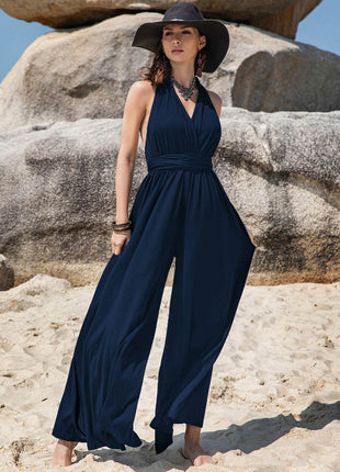 Surplice Wide Leg Jumpsuit with Free Tie - MimiStylez