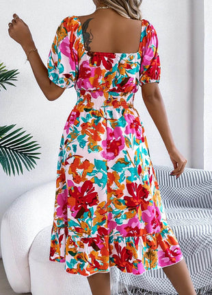 Ruffled Hem Smocked Floral Short Sleeve Midi Dress - MimiStylez