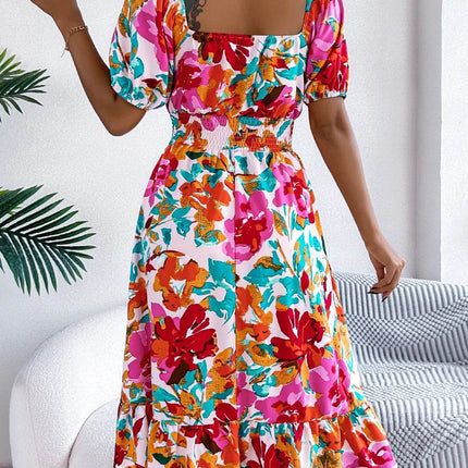 Ruffled Hem Smocked Floral Short Sleeve Midi Dress - MimiStylez