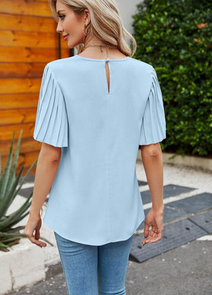 Pleated Flutter Sleeve Round Neck Blouse - MimiStylez