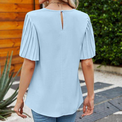 Pleated Flutter Sleeve Round Neck Blouse - MimiStylez