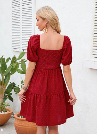 Swiss Dot Smocked Square Neck Dress - MimiStylez