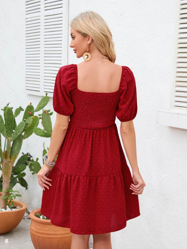 Swiss Dot Smocked Square Neck Dress - MimiStylez