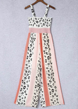 Leopard Color Block Smocked Jumpsuit - MimiStylez