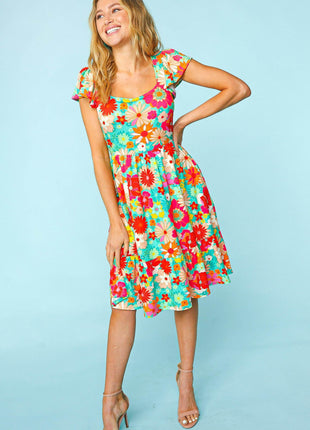 Haptics Floral Square Neck Short Sleeve Dress - MimiStylez
