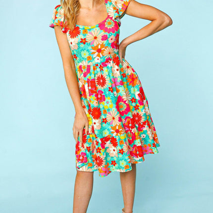 Haptics Floral Square Neck Short Sleeve Dress - MimiStylez