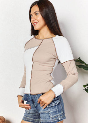 Double Take Color Block Exposed Seam Top - MimiStylez