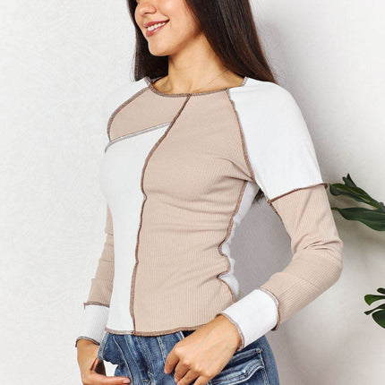 Double Take Color Block Exposed Seam Top - MimiStylez