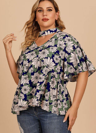 Plus Size Floral Flutter Sleeve Cutout Blouse - MimiStylez